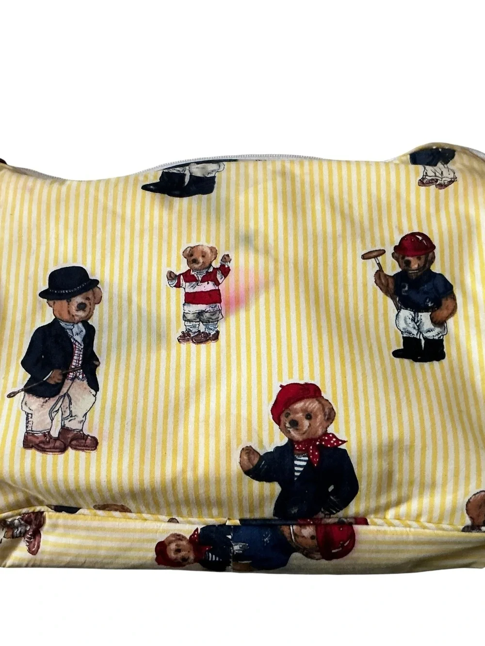 Vintage Ralph Lauren Polo Bear cosmetic travel bag yellow white pinstriped